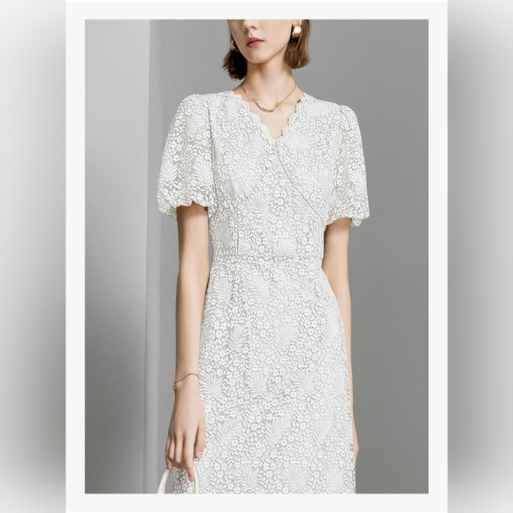 Lace Floral V-Neck Dress with Puff Sleeves and Back Zipper #1001 - Picture 9 of 12